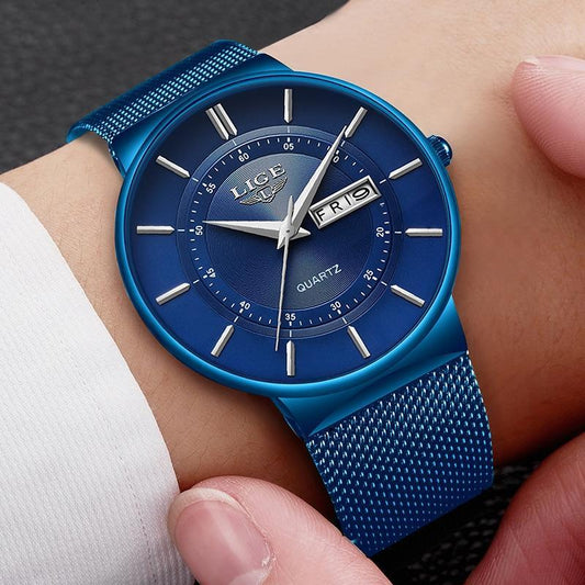 2019 New Blue Quartz Clock LIGE Mens Watches Top Brand Luxury Watch For Men Simple All Steel Waterproof Wrist Watch Reloj Hombre
