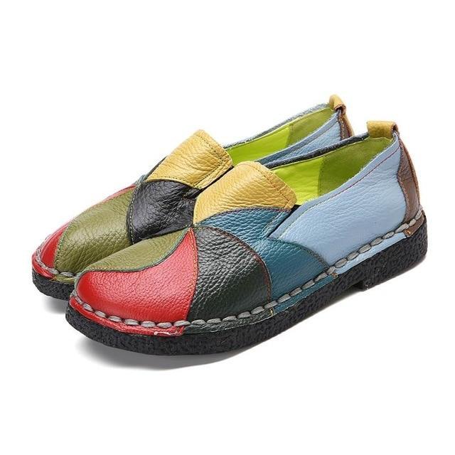 Socofy Vintage Genuine Leather Splicing Loafers Retro Soft Sole Non-slip Flats Shoes