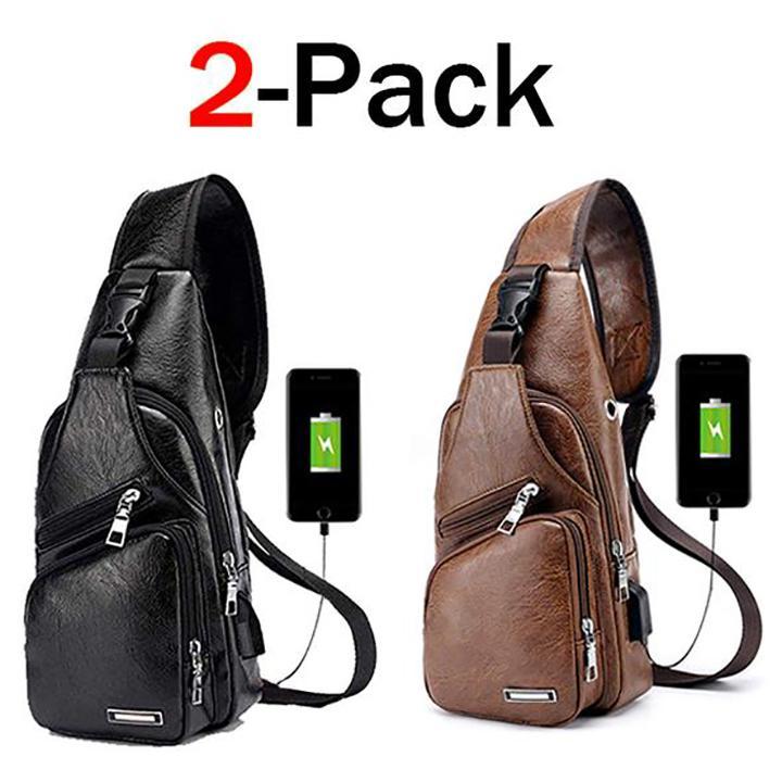 Large Men's Leather Bag Chest Backpack Waterproof Crossbody Bag with USB