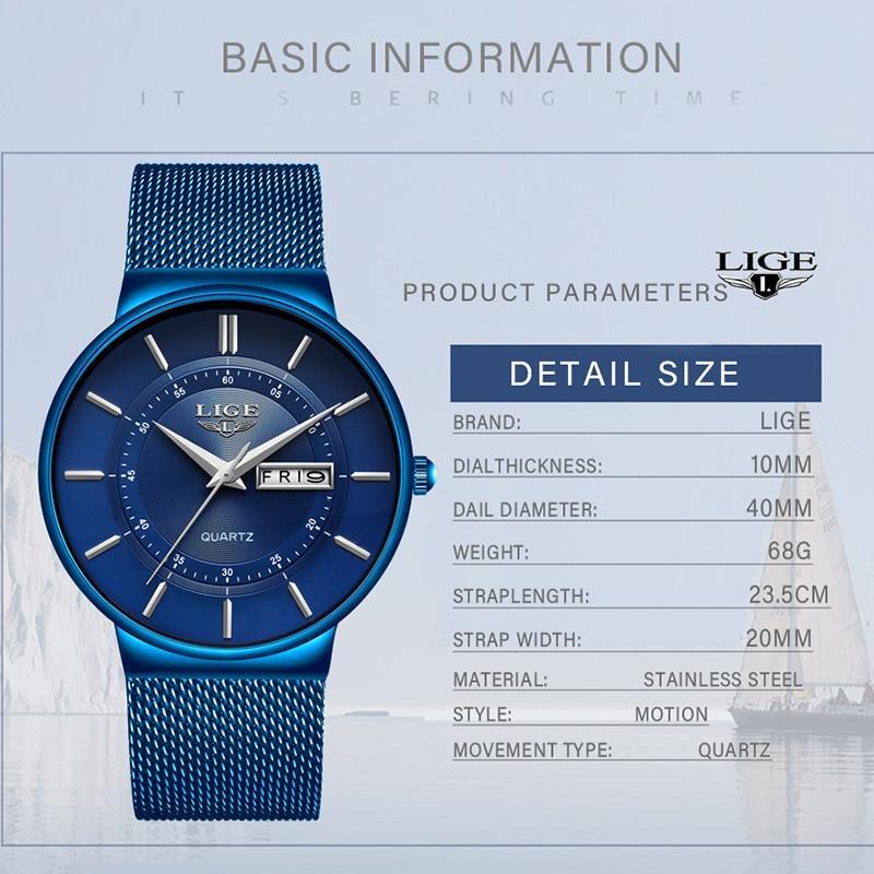 2019 New Blue Quartz Clock LIGE Mens Watches Top Brand Luxury Watch For Men Simple All Steel Waterproof Wrist Watch Reloj Hombre