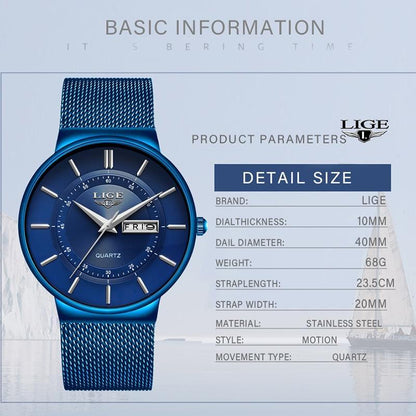 2019 New Blue Quartz Clock LIGE Mens Watches Top Brand Luxury Watch For Men Simple All Steel Waterproof Wrist Watch Reloj Hombre