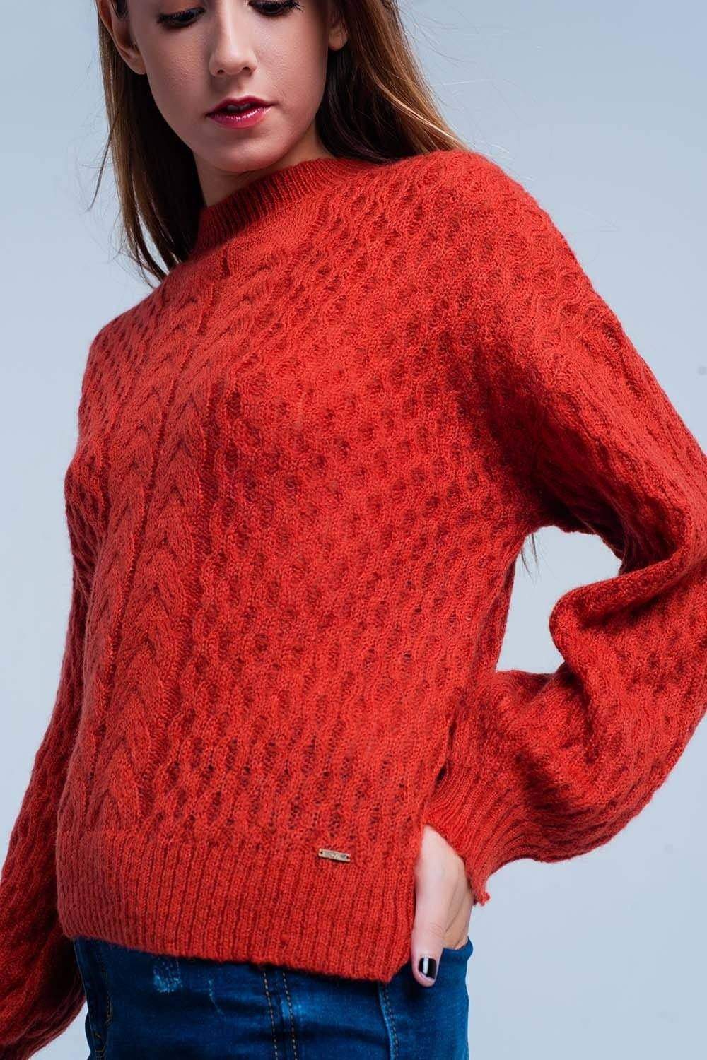 Orange Cable Knitted Sweater With Round Neck