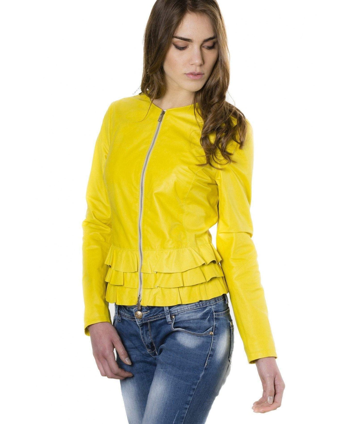 Women's leather jacket flounces yellow