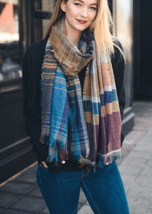 Beautiful Camel Mix Plaid Winter Long Fringe Scarf