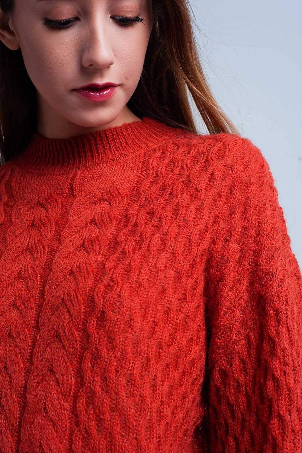 Orange Cable Knitted Sweater With Round Neck