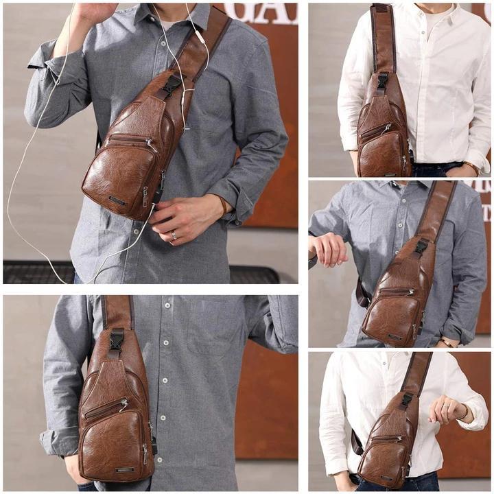 Large Men's Leather Bag Chest Backpack Waterproof Crossbody Bag with USB