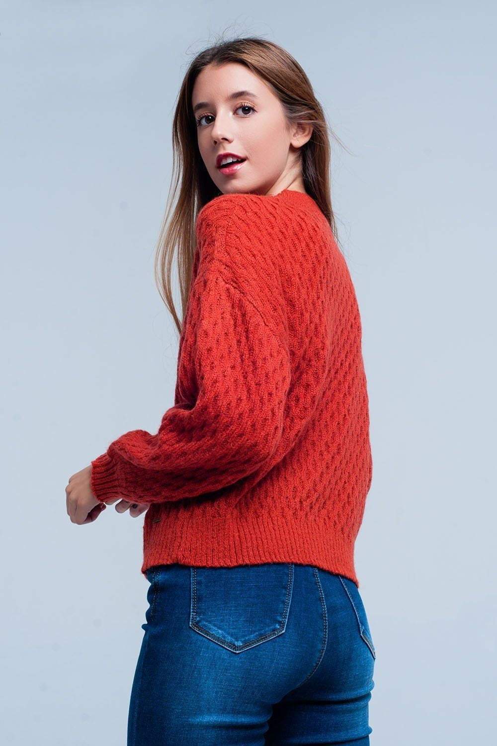 Orange Cable Knitted Sweater With Round Neck