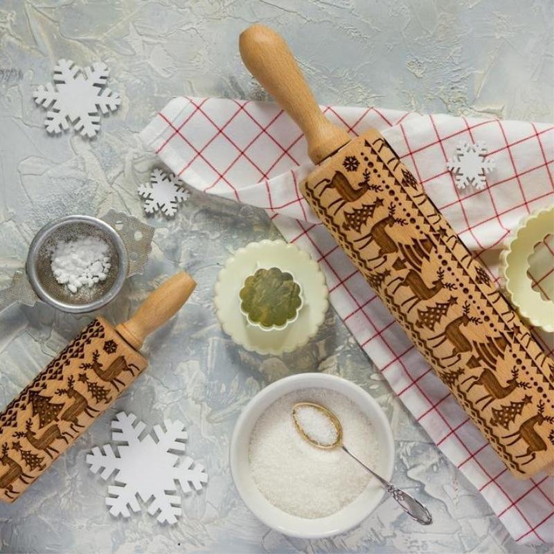 No.1 Christmas Embossing Rolling Pin Engraved Reindeer Baking Cookies