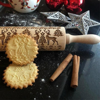 No.1 Christmas Embossing Rolling Pin Engraved Reindeer Baking Cookies