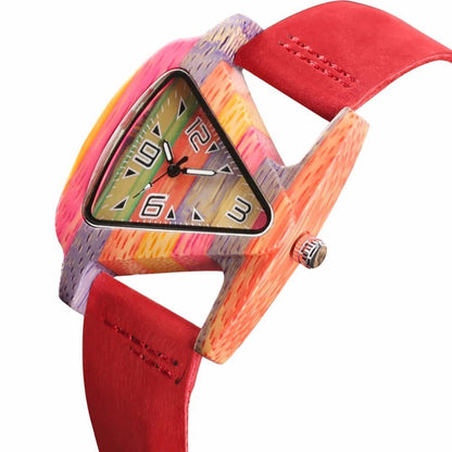 Creative Women Wood Watches Unique Colorful Wooden Triangle Hollow Quartz Wristwatch Ladies Elegant Fashion Genuine Leather Hour