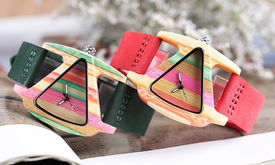 Creative Women Wood Watches Unique Colorful Wooden Triangle Hollow Quartz Wristwatch Ladies Elegant Fashion Genuine Leather Hour