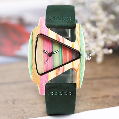 Creative Women Wood Watches Unique Colorful Wooden Triangle Hollow Quartz Wristwatch Ladies Elegant Fashion Genuine Leather Hour