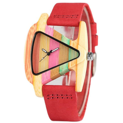 Creative Women Wood Watches Unique Colorful Wooden Triangle Hollow Quartz Wristwatch Ladies Elegant Fashion Genuine Leather Hour