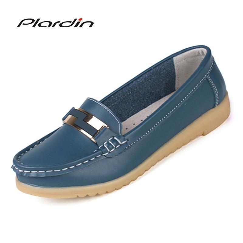 Plardin New Genuine Leather Woman Metal Decoration Nurse Mother Loafers