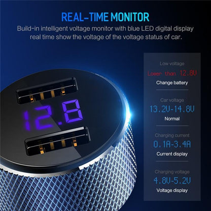 5V 3.4A Metal Dual USB Car Charger Digital Display For iPhone X 8 XS MAX 7 Xiaomi Samsung Fast Charging Voltage Monitoring