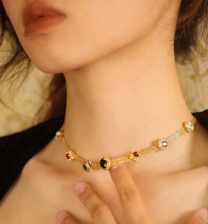 Vintage 14K Gold Filled Choker Semi-Precious Stone Amythest Opal Turquoise Sapphire Ruby Garnet Multi-gems Lace Chain Necklace