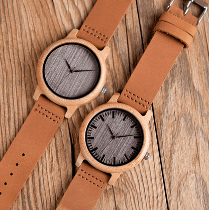 Vintage Round Bamboo Wooden Quartz Watch With Leather Bands