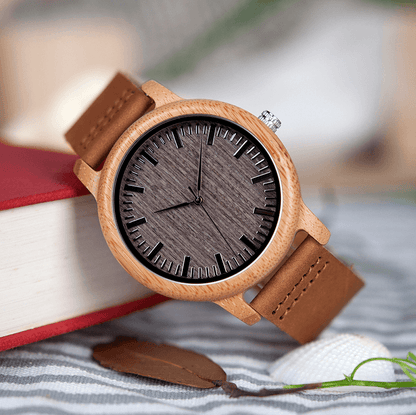 Vintage Round Bamboo Wooden Quartz Watch With Leather Bands