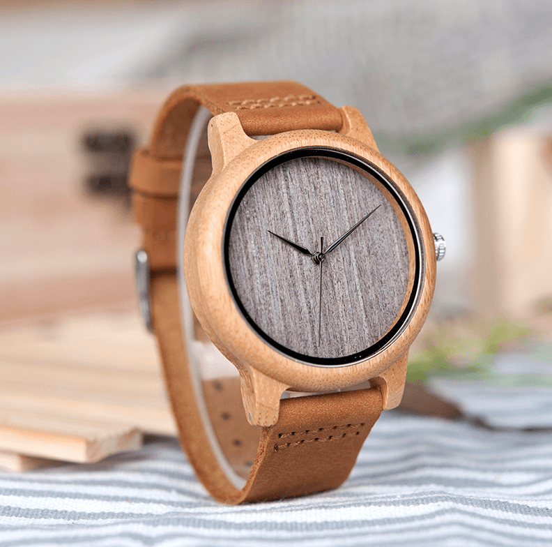 Vintage Round Bamboo Wooden Quartz Watch With Leather Bands