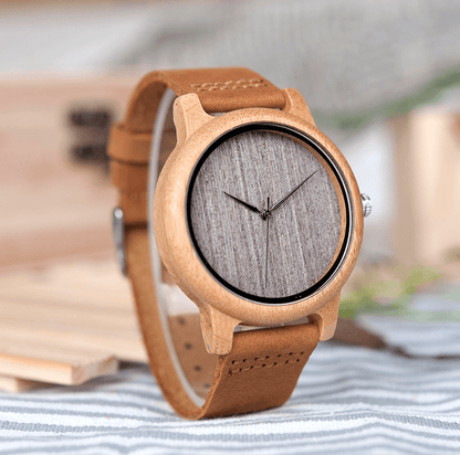 Vintage Round Bamboo Wooden Quartz Watch With Leather Bands