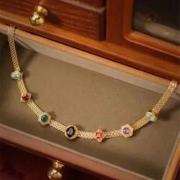 Vintage 14K Gold Filled Choker Semi-Precious Stone Amythest Opal Turquoise Sapphire Ruby Garnet Multi-gems Lace Chain Necklace