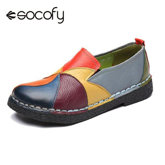 Socofy Vintage Genuine Leather Splicing Loafers Retro Soft Sole Non-slip Flats Shoes