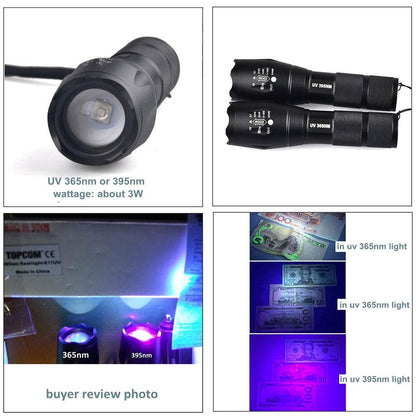 Ultraviolet 365nM 395nM 4W Power LED Aluminum Zoom UV flashlight lamp Black light Torch