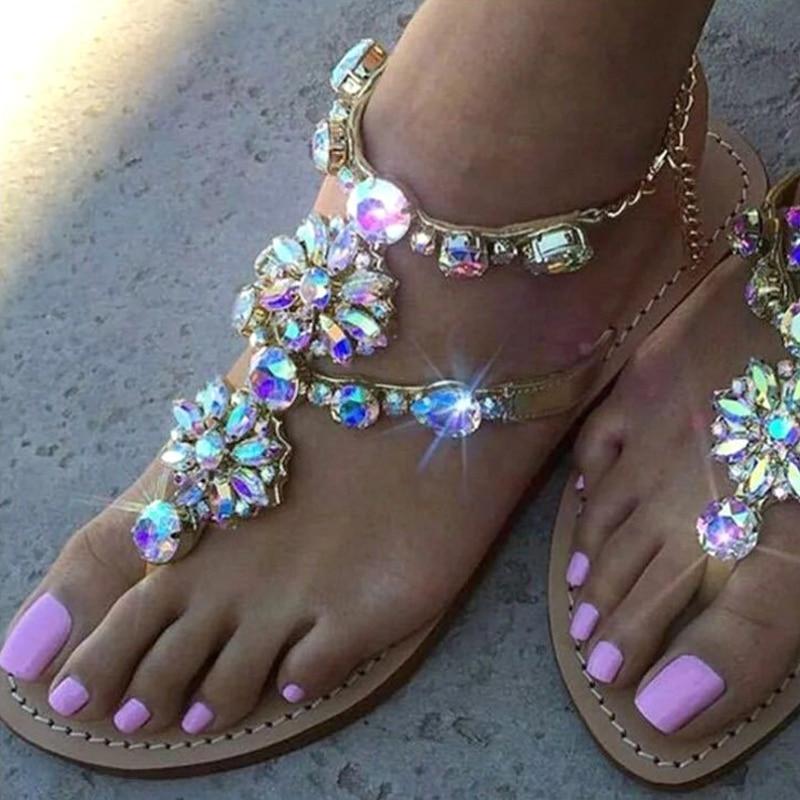 Women Shoes Rhinestones Chains Thong Gladiator Flat Sandals