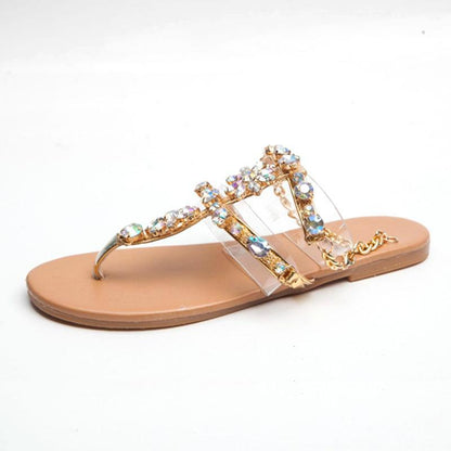 Women Shoes Rhinestones Chains Thong Gladiator Flat Sandals