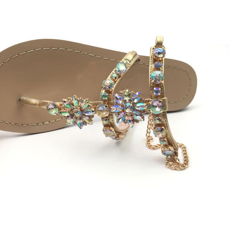 Women Shoes Rhinestones Chains Thong Gladiator Flat Sandals