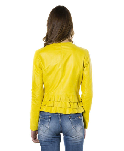 Women's leather jacket flounces yellow