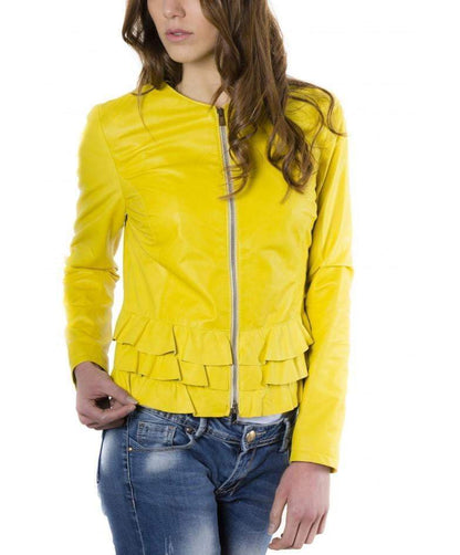 Women's leather jacket flounces yellow