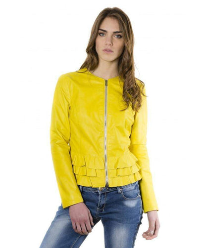 Women's leather jacket flounces yellow