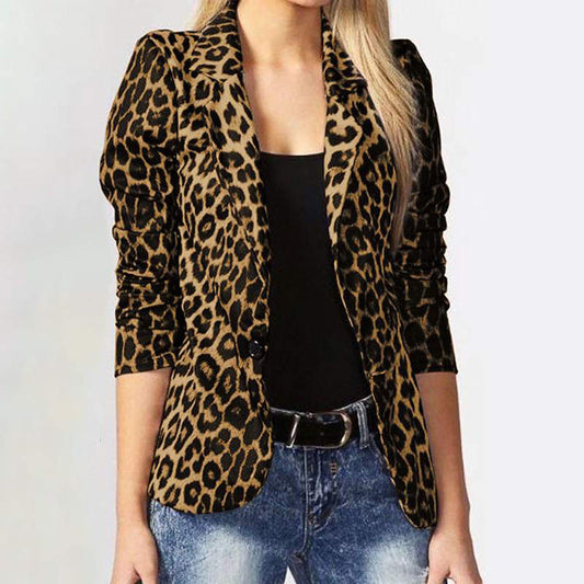 Shawl Collar Gathered Sleeve Leopard Print Blazer