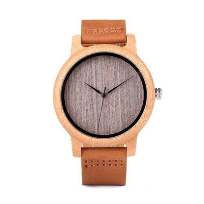 Vintage Round Bamboo Wooden Quartz Watch With Leather Bands