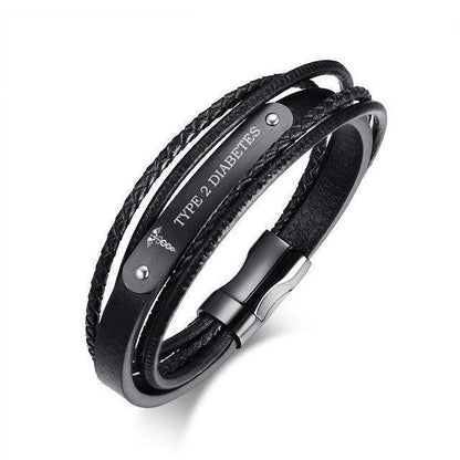 Mens Diabetic Medical Alert  ID Bracelet - Black, Genuine Leather, Braided Strands for Type 1 and Type 2 Diabetes