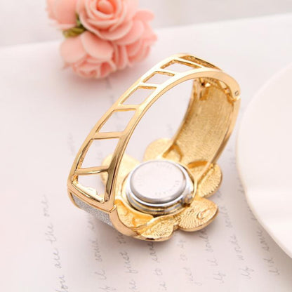 Happy Gold Plated Flower Design Hollow Cuff Bracelet Women Wrist Watch