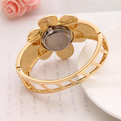 Happy Gold Plated Flower Design Hollow Cuff Bracelet Women Wrist Watch