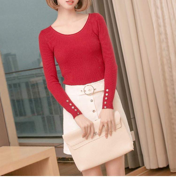 Autumn winter pure color full length sleeve round collar pullovers elastic skinny women sweaters