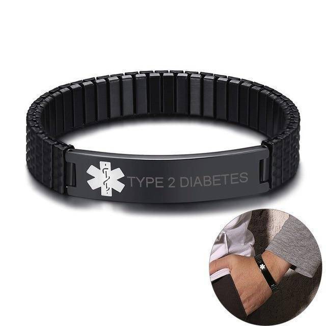 Mens Diabetic Medical Alert ID Bracelet - Black Stretch Stainless Steel - Type 1 and Type 2 Diabetes